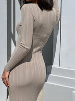 Women Spring Autumn Solid Color Bodycon Knit Dress Long Sleeve Crew Neck Ribbed Dress Slim Fit Long Dress