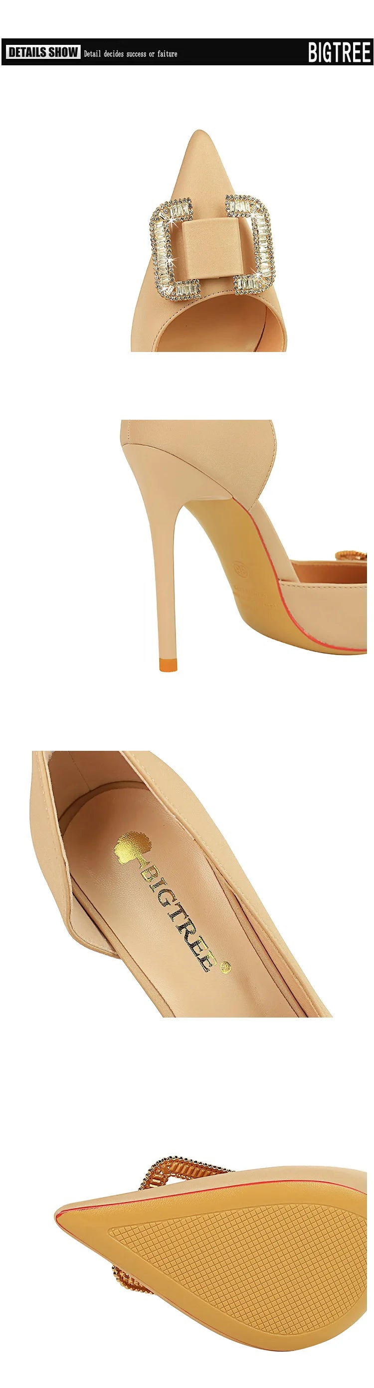 BIGTREE Pumps Elegant Pointed Crystal Buckle Slim High Heel Single Shoes Women Silk Spring/Summer High Heel Pumps Wedding Dress