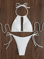 2025 Halter Tie Side Hollow Out Smocked Bikini Women Swimsuit Female Swimwear Two Pieces Bikini Set Swim Bathing Suit Beach Wear