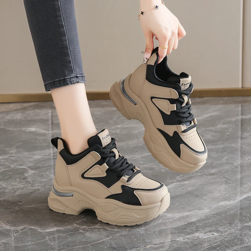 Chunky Platform Women Sport Sneaker Lace-Up Thick Bottom Vulcanize Shoes Woman Spring Autumn Pu Leather Breathable Running Shoes