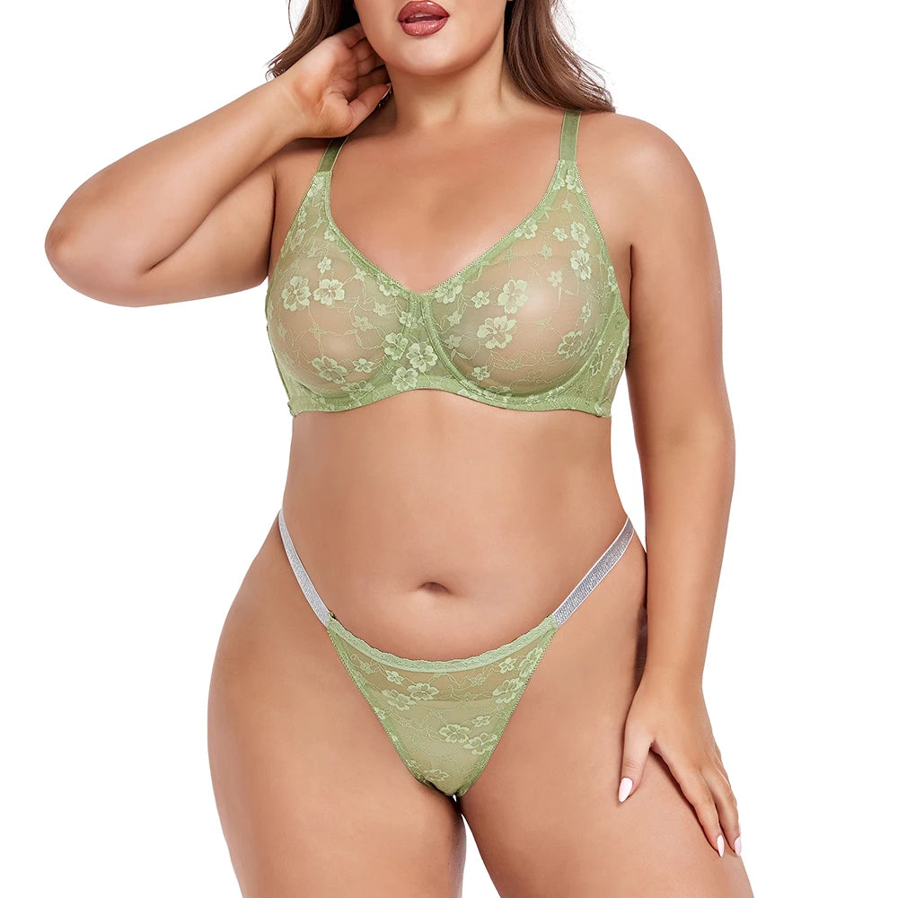Sexy Floral Lace Womens Lingerie Set Breathable Erotic Bra And Briefs Sets Panties Thong Plus Size Underwear B C D E F Cup