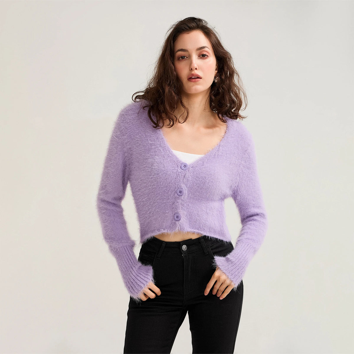 Fall Winter Women Button Down Cropped Knit Cardigan Solid Color Knitwear Fuzzy Long Sleeve V-Neck Loose Sweater