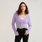 Fall Winter Women Button Down Cropped Knit Cardigan Solid Color Knitwear Fuzzy Long Sleeve V-Neck Loose Sweater