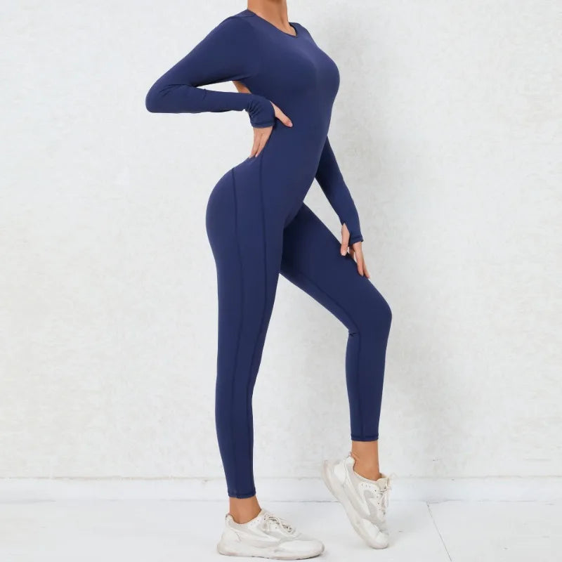 Women's Seamless Yoga Jumpsuits Backless Sexy Long-Sleeved One-Piece Butt-Lifting Gym Nude Feel Workout Gym Training Bodysuits