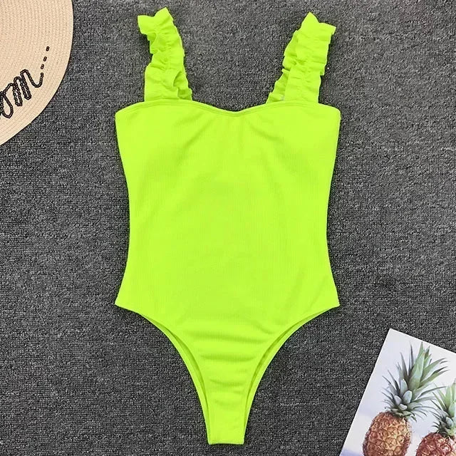Sexy White Frill Trim Ruffled Ribbed Female Swimwear One Piece Swimsuit Women Monokini High Cut Bather Bathing Suit Swim Lady