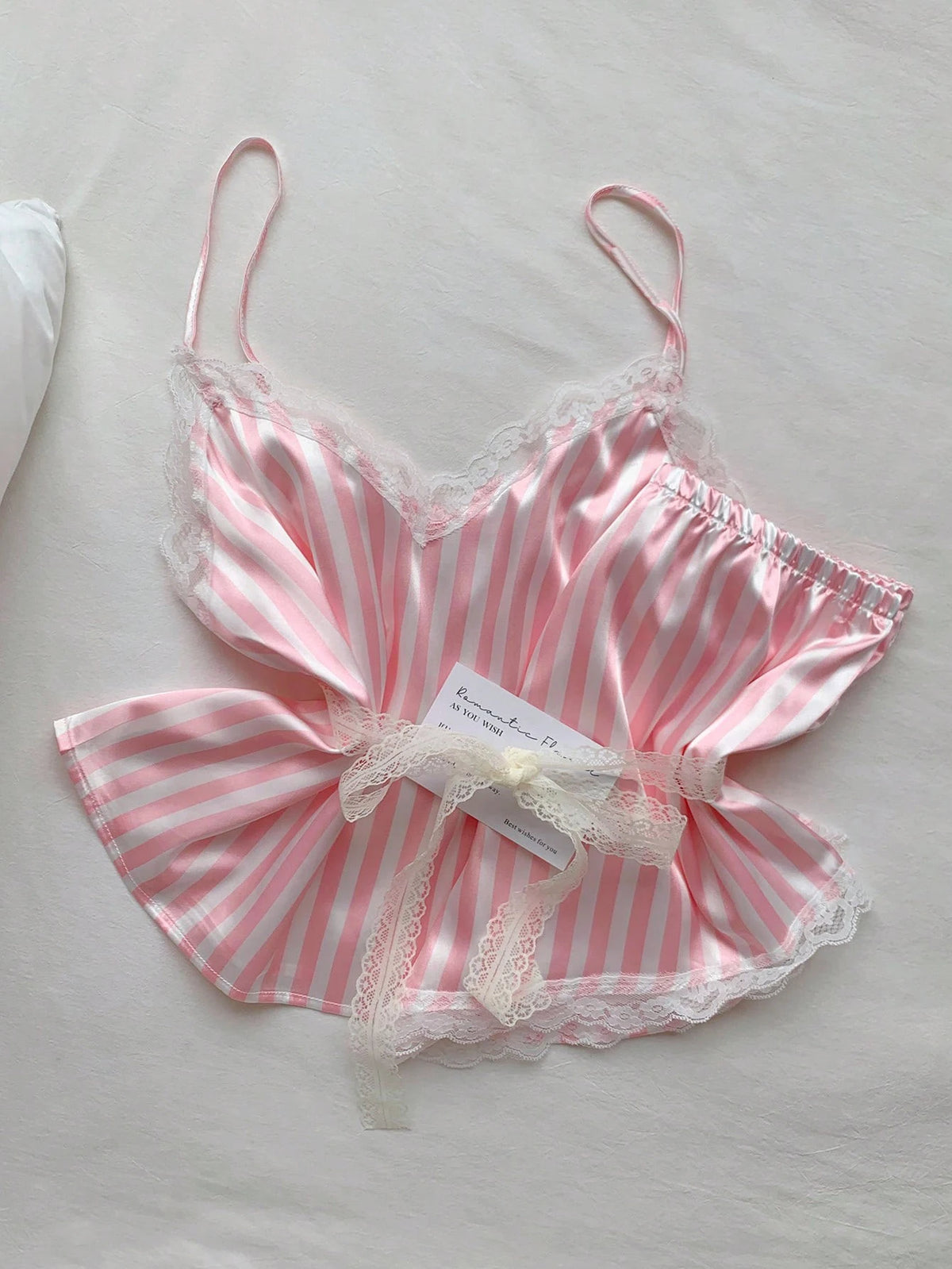 Two Piece Women's V-Neck Sexy Lace Suspender Pajama Satin Silk Intimate Lingerie Pink Stripe Sleewpear Pijamas Suit Summer New
