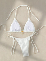 Sexy White Bikini 2025 Women Halter Lace Push Up Metal Designer Micro Swimsuit Brazilian Bathing Suit Tie Side Thong Swimwear