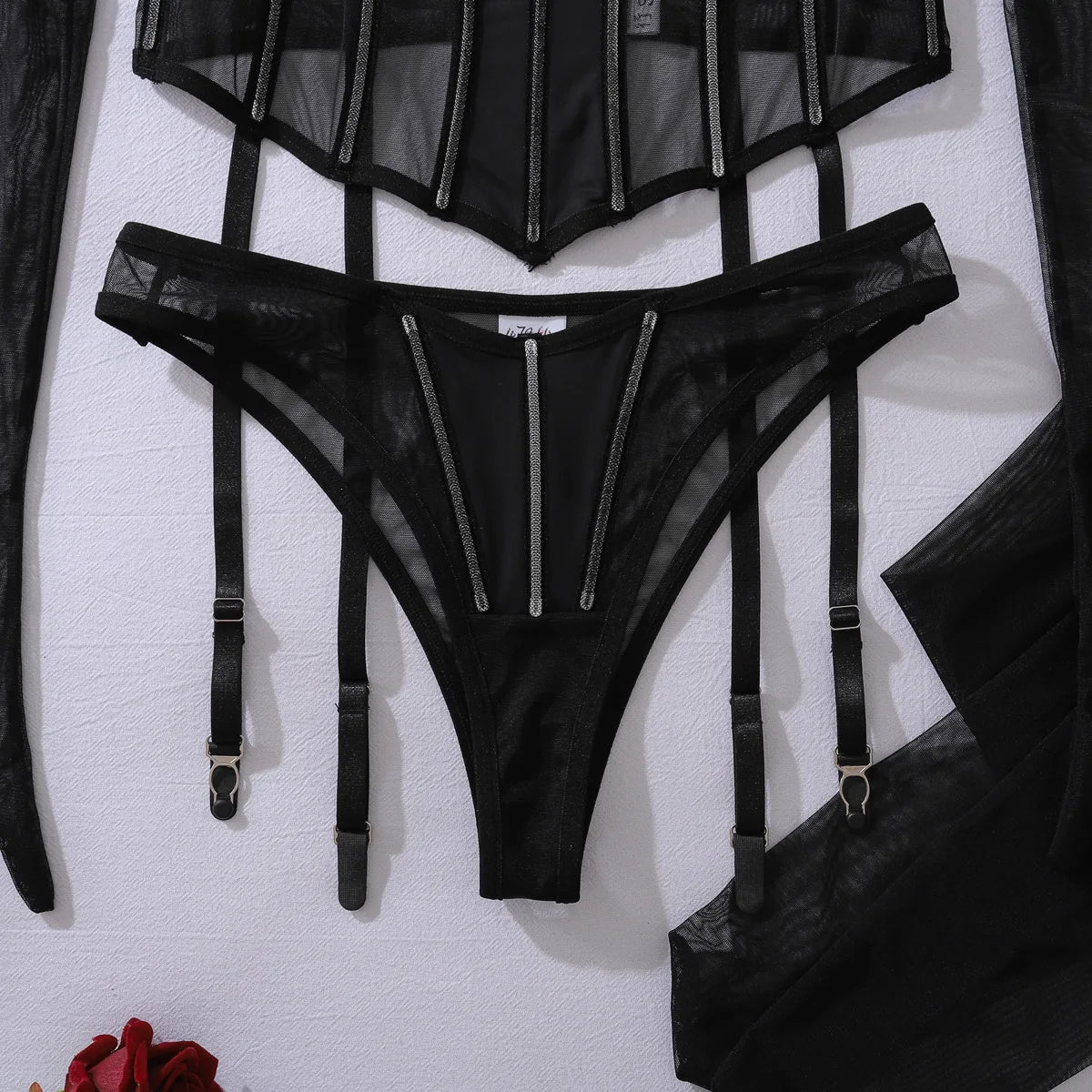 Toucheart Erotic Lingerie black Thin model see-through mesh Patchwork Body shaping gather together pure desire 5PCS with Gloves