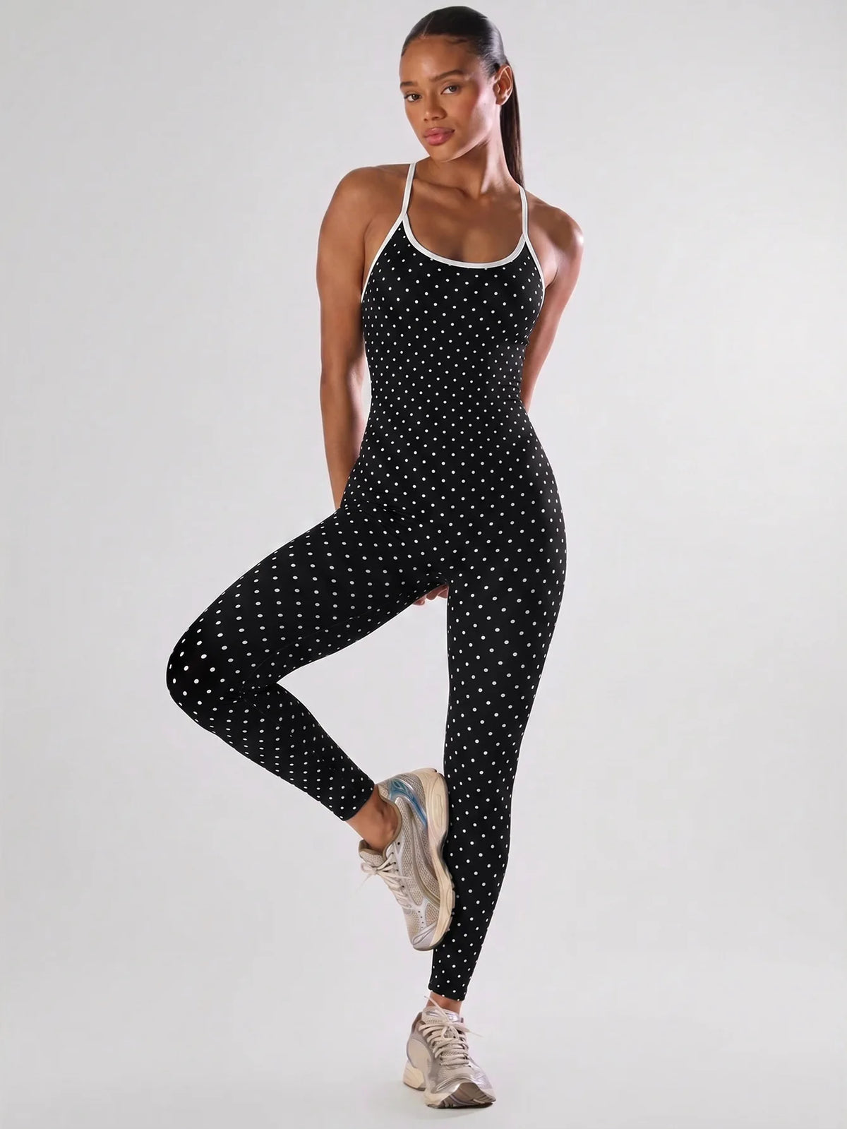 Sexy Black Polka Dot Print Patchwork Yoga Jumpsuit Women Sleeveless Hollow Out Backless Cross Fitness Sports One Piece Suits