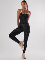Sexy Black Polka Dot Print Patchwork Yoga Jumpsuit Women Sleeveless Hollow Out Backless Cross Fitness Sports One Piece Suits