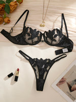 Special anniversary black embroidered lingerie set. Smooth satin mesh sheer bra. Elegant business-wear women's lingerie ZA824031