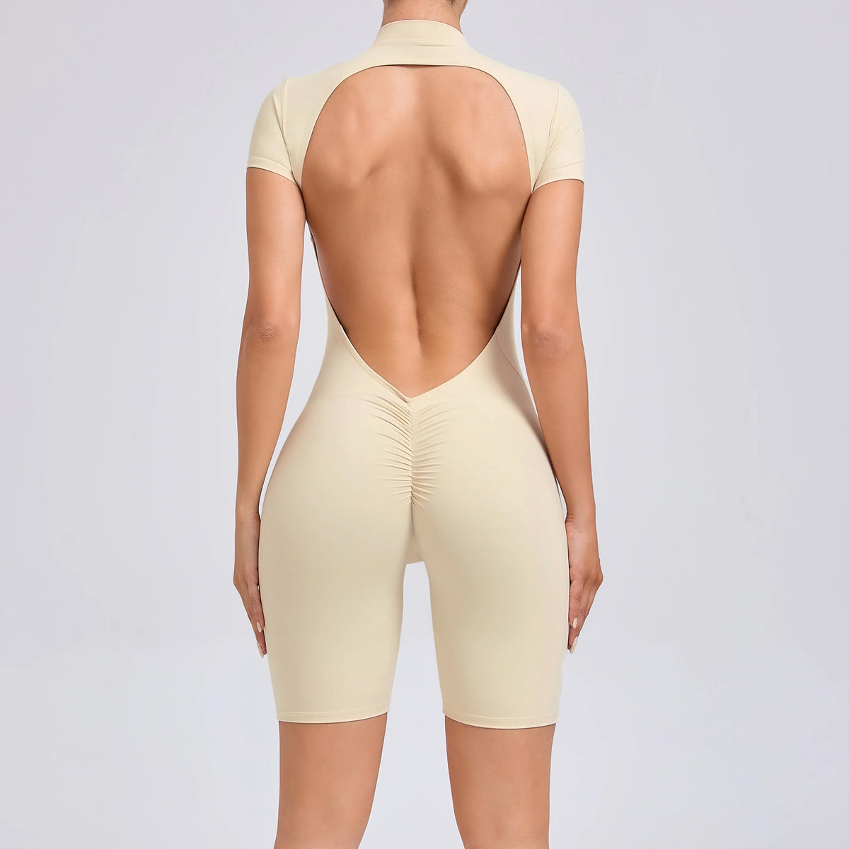 Padded Backless Yoga Cycling jumpsuitWomen Zipper GYM Sportswear Fitness One Piece Sports Suit V Back Workout Playsuit