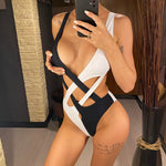 S - XL Splicing V Neck High Leg Cut Women Swimwear One Piece Swimsuit Female Monokini Padded Bather Bathing Suit Swim V5095SW
