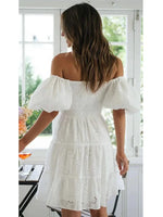 Puff Sleeve Cotton White Lace Dress Women Summer 2025 Square Collar Vintage Beach Short Dress Petite Flower EmbrioderyDress