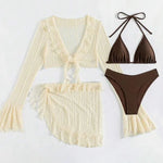 2026 Sexy Four-piece Women Swimsuit Long-sleeve Cover-up Swimwear Summer Solid Bikini Set Brazilian Beachwear Party bathing suit