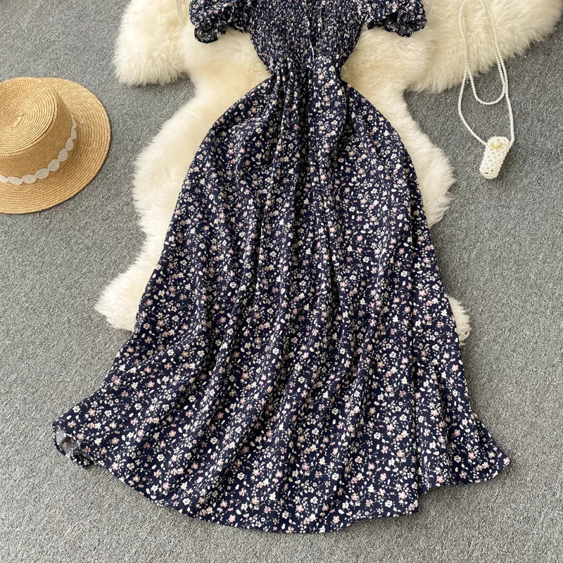 2025 Summer French Vintage Floral Dress Fashion Elegant High-Waisted Drawstring Vestidos Printed Fresh And Sweet Long Dresses
