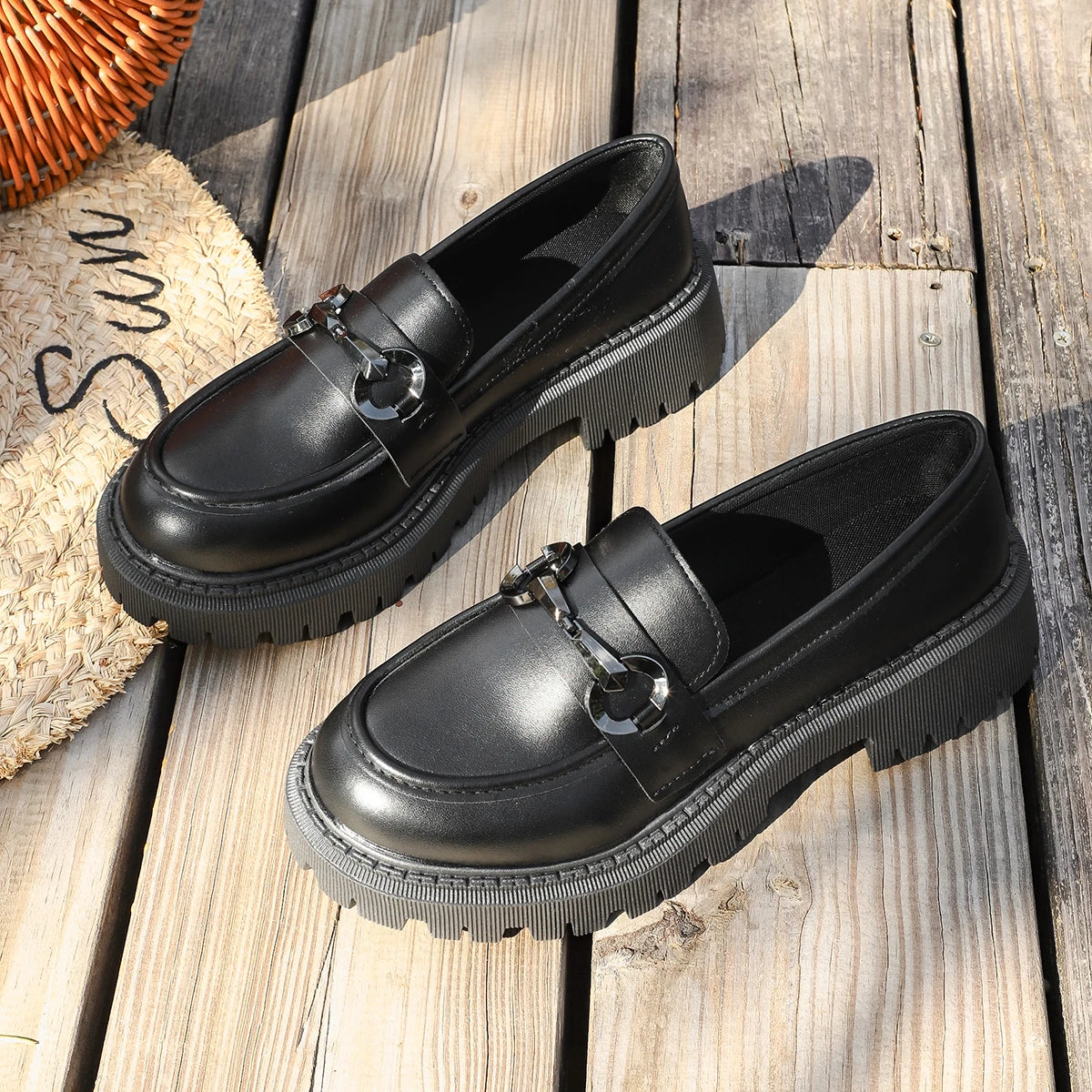 Women Chain Buckle Chunky Lug Sole Loafers, Black Patent & Faux Leather Slip‑On Platform Retro Business Casual Shoes