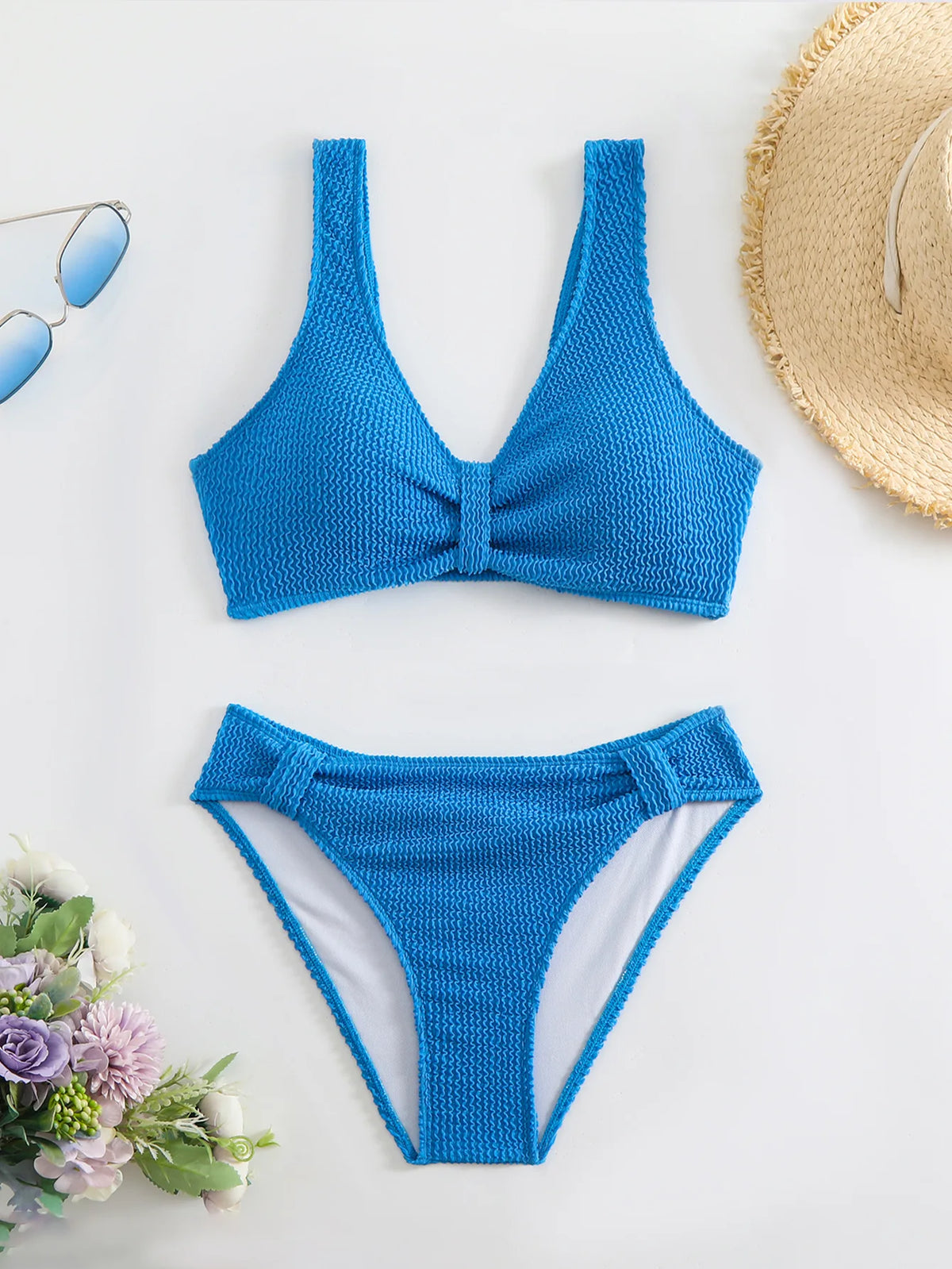 2026 Summer New Women's 2 Piece Swimsuit Solid Color High Waist Bikini Set V-neck Backless Beach Vacation Bathing Suit Swimwear