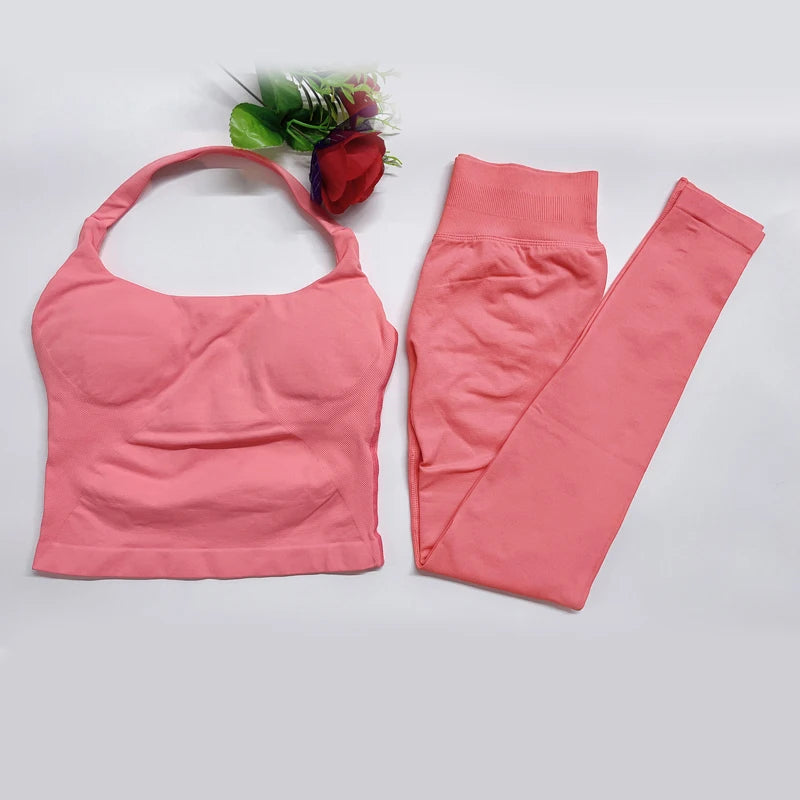 Women's Halter Top And Sports Leggings Gym Workout Set Two-Piece Pilates Clothes Yoga Outfits Impact Fitness Pants Set