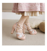 9cm Cross Strap Women High Heels Mary Jane Shoes Party Wedding Pearls White Lace Ruffles Bow Princess Lolita Pumps Sandals 33-46