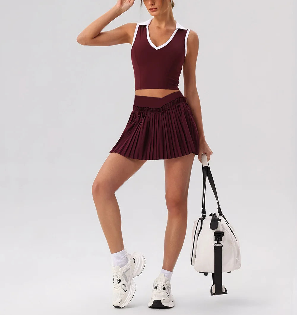 Tight Yoga Sets Women's Tracksuit Sexy Color Contrast Hollow Out Sports Bra High Waist Pleate Tennis Short Skirt Fitness Suits