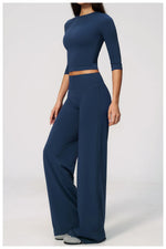 Women Tracksuit Yoga Sets Half Sleeve O Neck Slim Sports T Shirts Fitness Suit Outdoor High Waist Flare Pants Workout Clothes