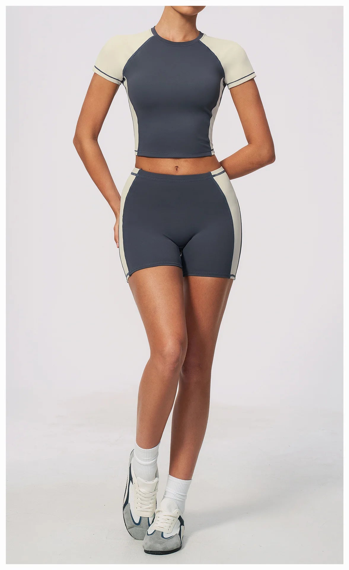 Summer New Yoga Sets Women Breathable Contrasting Color Short Sleeve Slim Sports T Shirts Training Running Shorts Fitness Suit