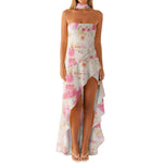 Women Flower Printed Tube Dress Summer Strapless Ruffles High Split Dress with Scarf for Party Cocktail Streetwear