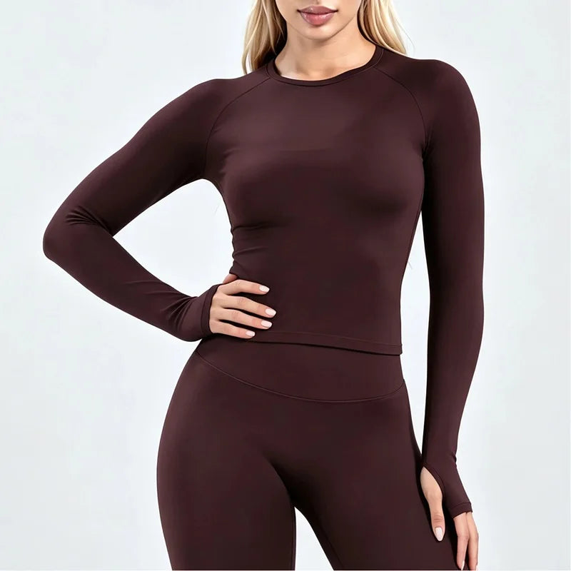 HISTELLO Defy Long Sleeve Top Women Fitness Pilates Clothes Seamless Round Neck Sports Shirt Slim Fit Activewear Gym Workout Top