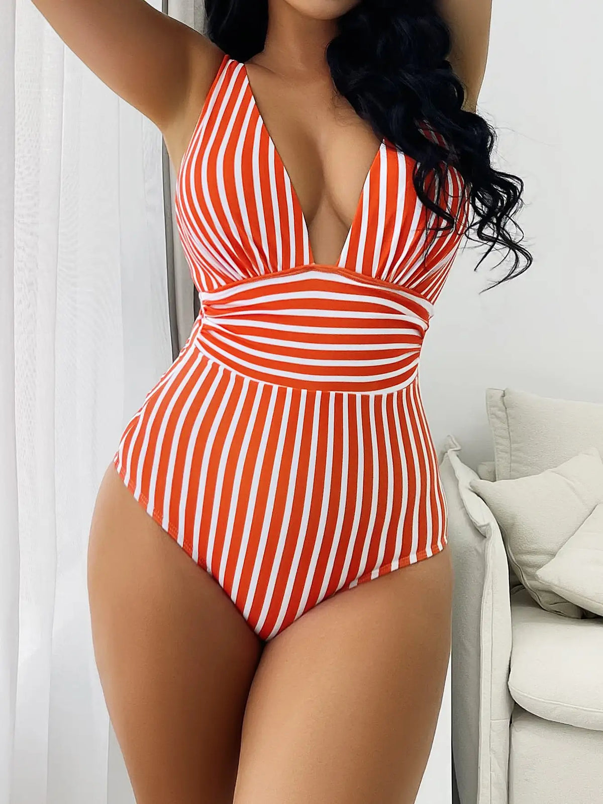 2026 Striped One Piece Swimsuit Sexy Swimwear Women V-neck Bathing Swimming Suit Female Summer Beachwear Bodysuit
