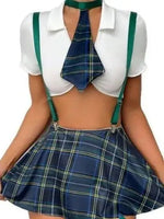 New Sexy Role Play Mesh JK Uniform Sexy Schoolgirl Outfit Women Corset Top Plaid Checkered Mini Skirt With Suspenders Charm TYHF