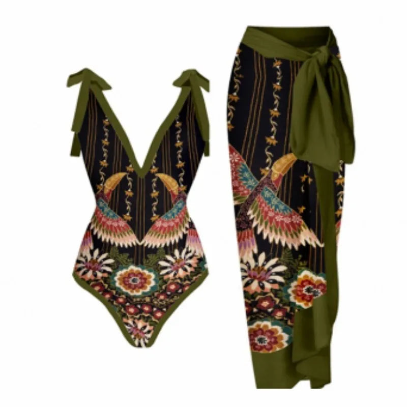 Push Up One Piece Swimsuit With Cover Up Sexy Swimwear Women 2025 Printed Swim Suits Female Bikinis Sliming Bodysuit Beachwear