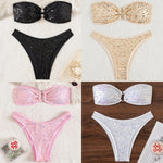 Shiny Sequin Bandeau Bikini Set 2026 Women Sexy Gold Front Circle Push Up Micro Swimsuit Bathing Suit Thong Swimwear Biquini