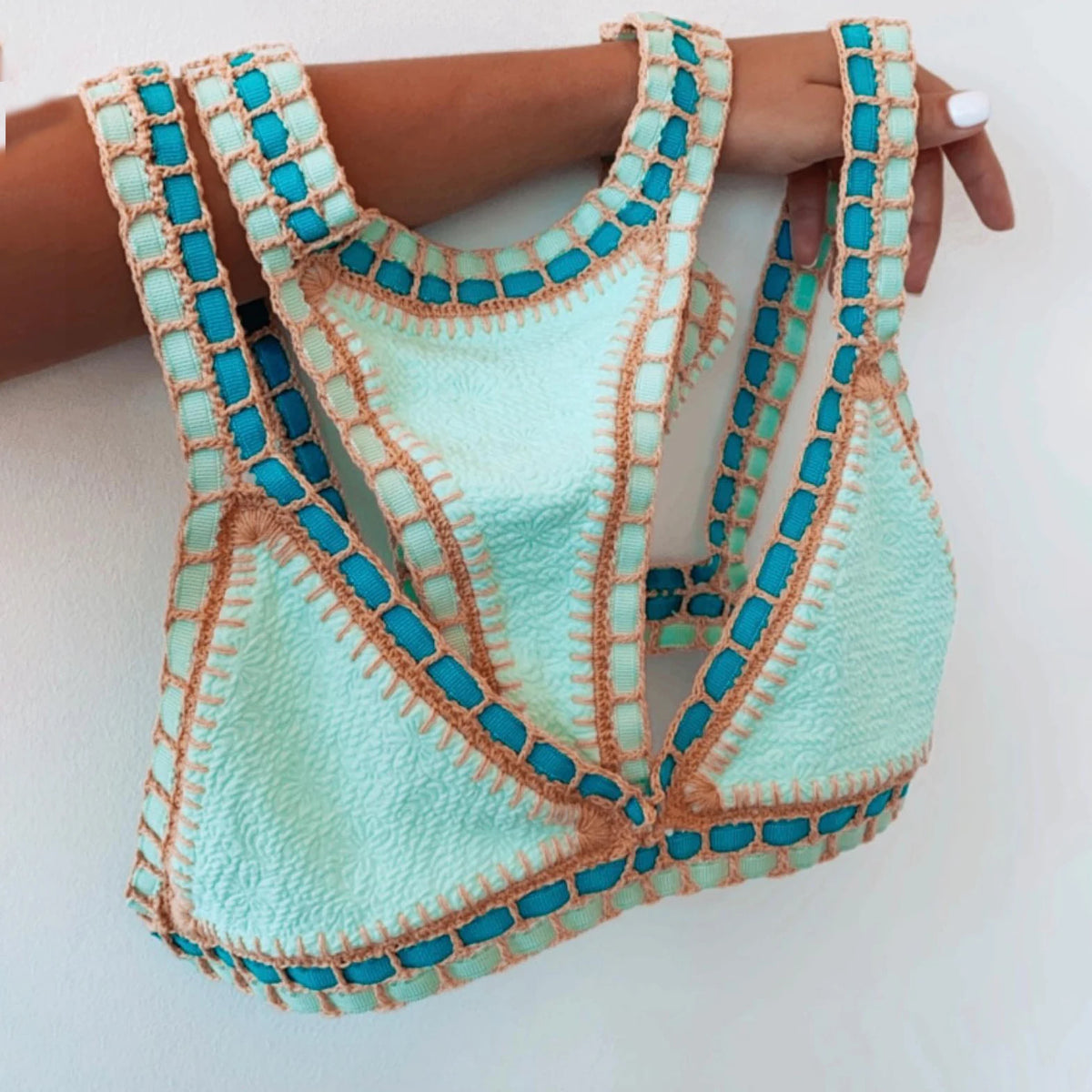 Hand Hook Bikini 2025 Bandeau Biquini Women Sexy Swimsuit Female Push Up Swimwear Solid Patchwork Bathing Suit Crochet Beachwear