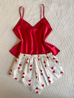New Summer Women's V Neck Pajama Set Fashion Solid Halter Top with Heart Printed Shorts 2 Piece Sleepwear Comfortable Home Wear