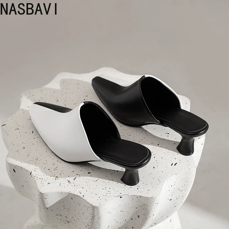 NASBAVI New Breathable Hollow Slippers Stone Pattern Leather Pumps Women Chunky Heels Mules Black Dress Shoes Big Size 45 46 47