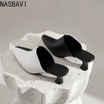 NASBAVI New Breathable Hollow Slippers Stone Pattern Leather Pumps Women Chunky Heels Mules Black Dress Shoes Big Size 45 46 47