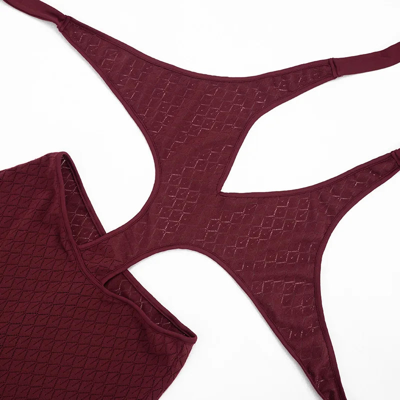 Sexy hot girl solid color see-through slim fit knitted deep V jumpsuit
