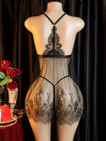 2026 Women Half Sheer Tulle Lingerie Set Open Back Bodysuit Bra Thong Soft Night Lounge Outfit