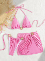 Sexy Pink Bikini 2025 Mujer Women Metal Sun Ornament Push Up Mesh Skirt 3 Piece Swimsuit Summer Bathing Suit Vacation Swimwear
