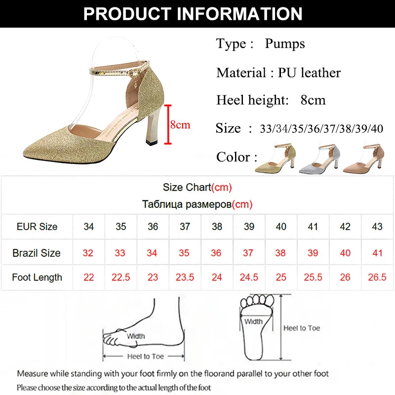 ZOKI Bling Gold Silver Women's Pumps 2024 Sexy Point Toe Thin Heel Party Wedding Shoes Woman Summer Ankle Strap High Heels Shoes