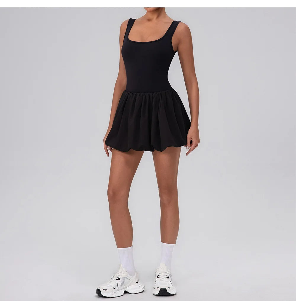Summer One-piece Tennis Dress Women Fitness Fake Two-piece with Inner Separate Shorts Pockets Sleevesless Sports Pleated Skirt