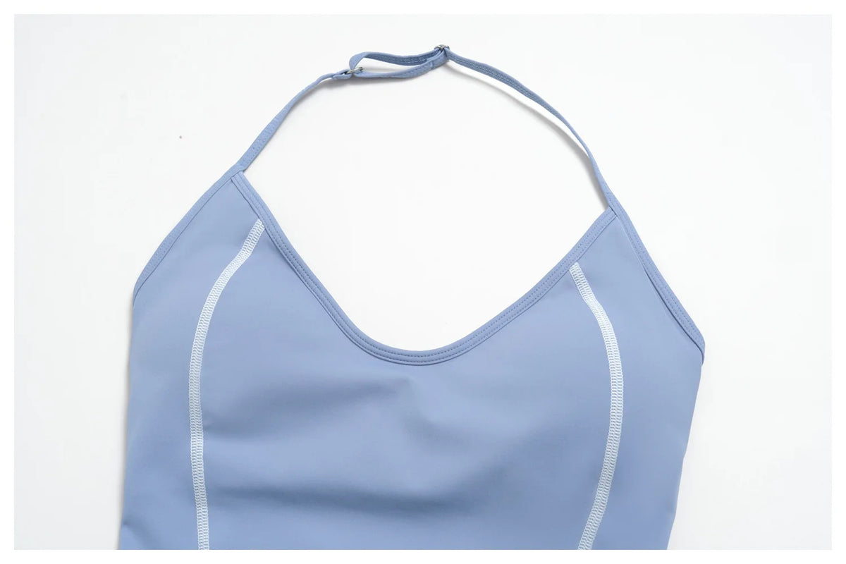 2PCS Women Yoga Sets Color Contrast Hanging Neck V Neck Slimming Sports Tank Top Flip High Waist Shorts Gym Running Fitness Suit