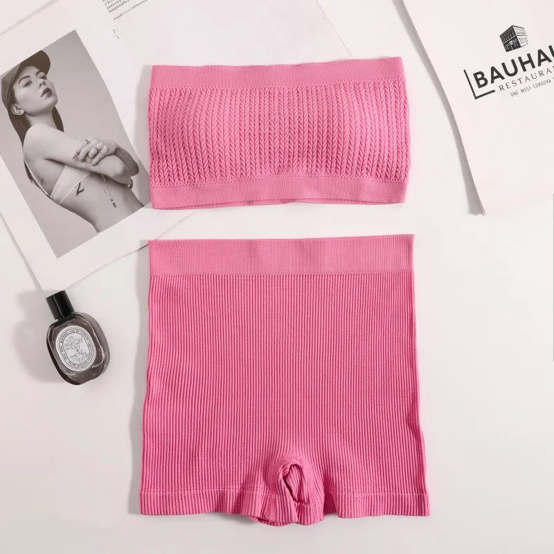Women Seamless Bra Set Ribbed Sports Shorts Sexy Strapless Lingerie Set Nonwire Bralette Female Bandeau Underwear Set