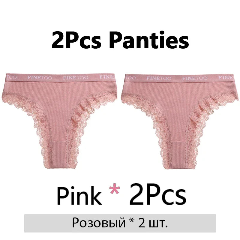 FINETOO 2Pcs/Set Women Cotton Brazilian Panties Plus Size M-2XL Lingerie Sexy Lace Underwear Low Rise Girls Intimates Underpants