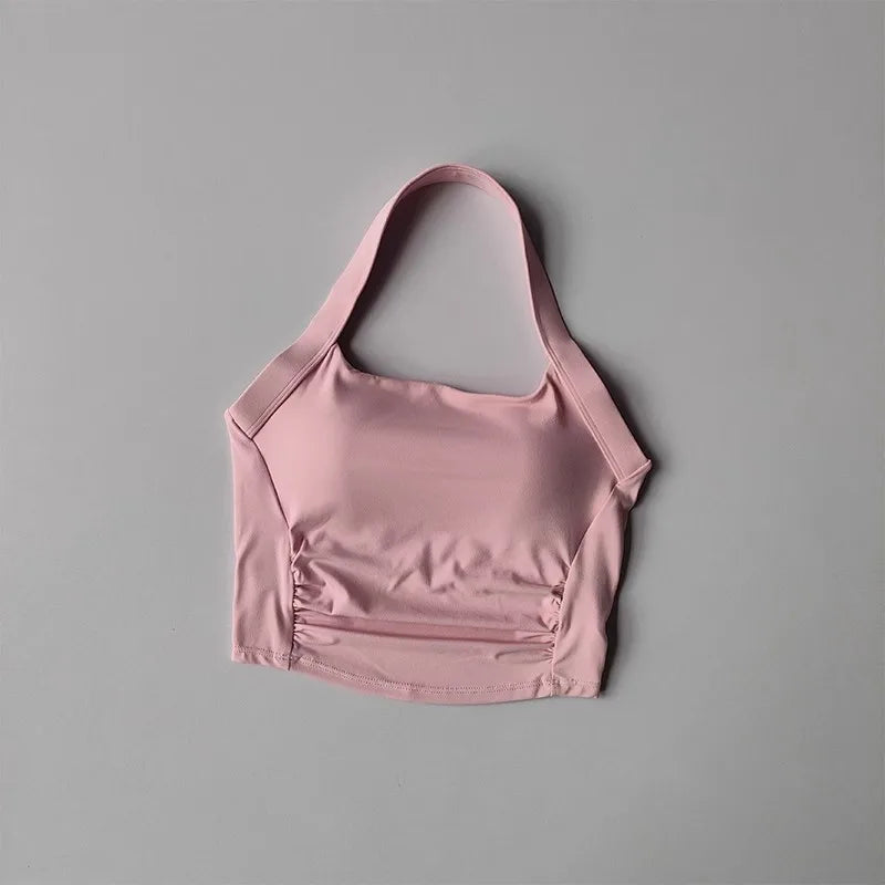 Women's Shock-Absorbing Yoga Sports Bra Neck Hanging Pleated Design Fitness Training Pilates Outdoor Vest Gathered Comfortable