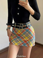 Plaid Double Waistband A-line Short SkirtWomen American Style Street High Waist Casual Collision Color Wrap Hip Skirt OJR7