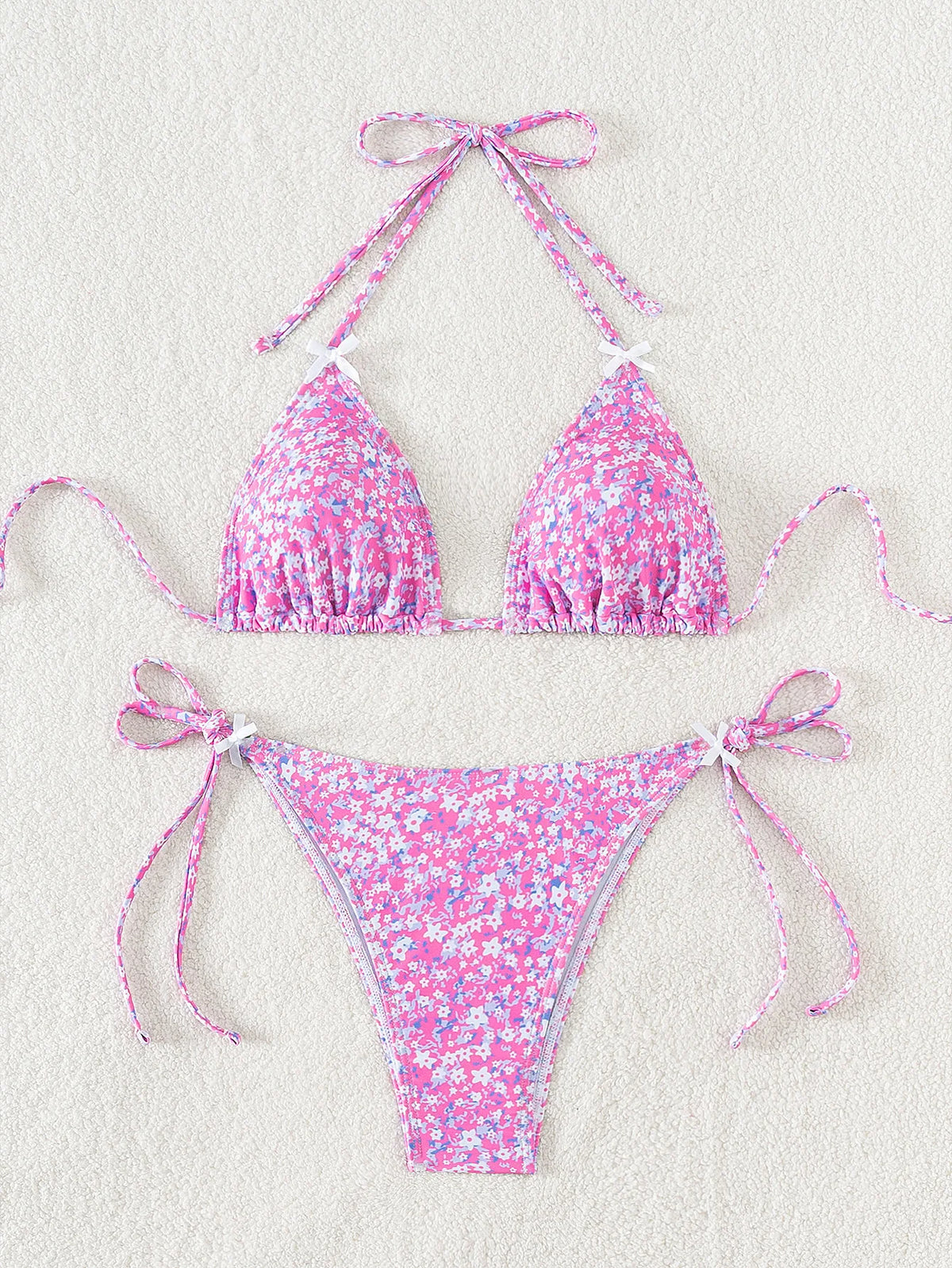 Blue Floral Print 2 Piece Micro Bikini Set for Women 2025 New Push Up Bra Thong Swimsuit Beach Bathing Suit Holiday Swimwear