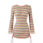S - XL Striped Long Sleeve Cover Up Bikini Female Swimsuit Women Swimwear Bather Bathing Suit Swim Three-pieces Bikini set K8128