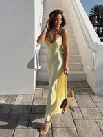 Foridol V Neck Backless Satin Long Dress Women Sexy Beach New in Maxi Summer Dress Spaghetti Strap Yellow Party Vestidos 2025